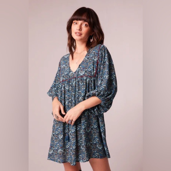 NWT Band Of The Free MALLORY TEAL FLORAL BABYDOLL MINI DRESS Bohemian Sleeves - Picture 4 of 5